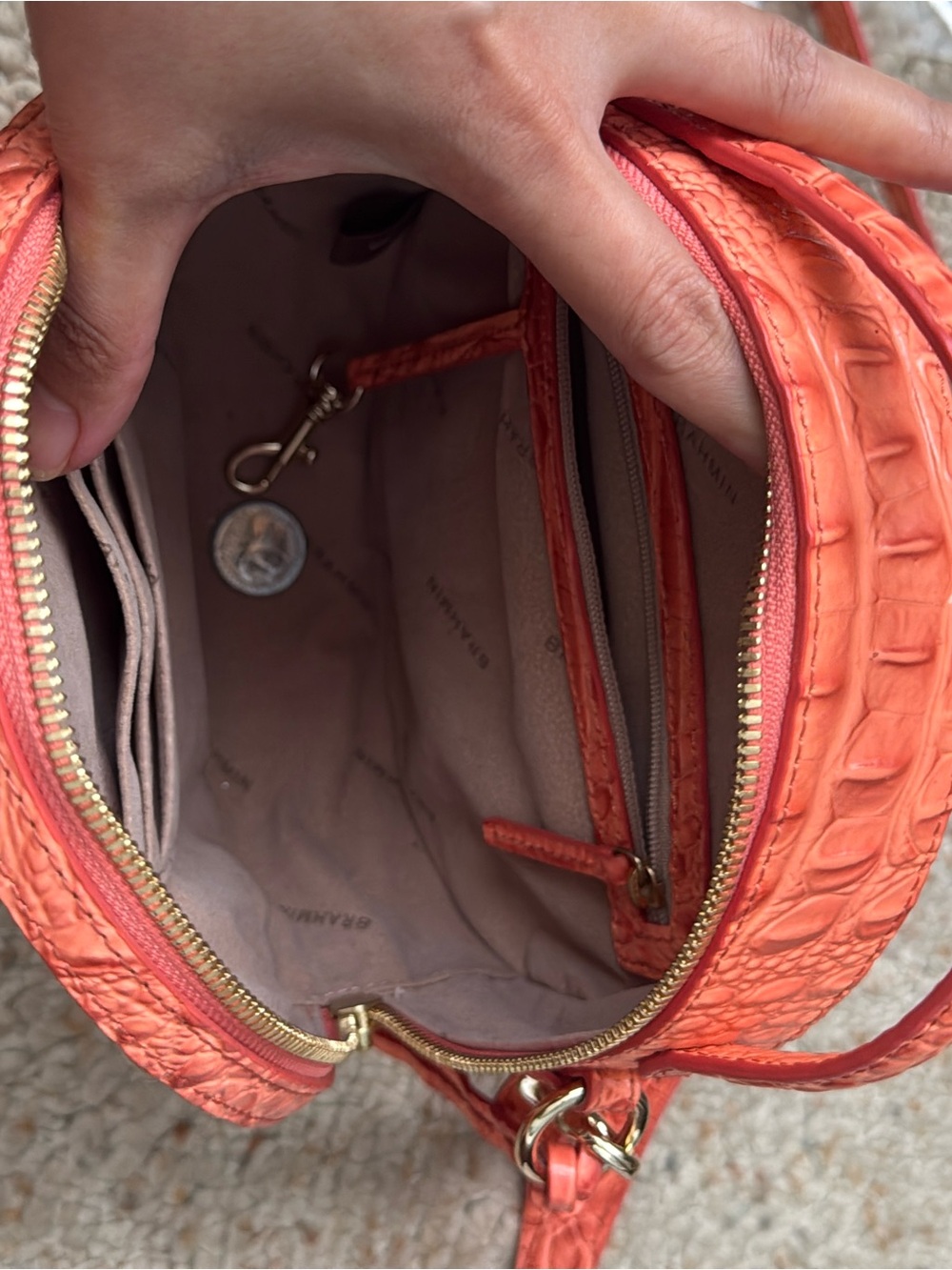 Brahmin Straw Round Crossbody with Orange Croc-Embossed Trim - Picture 3 of 3